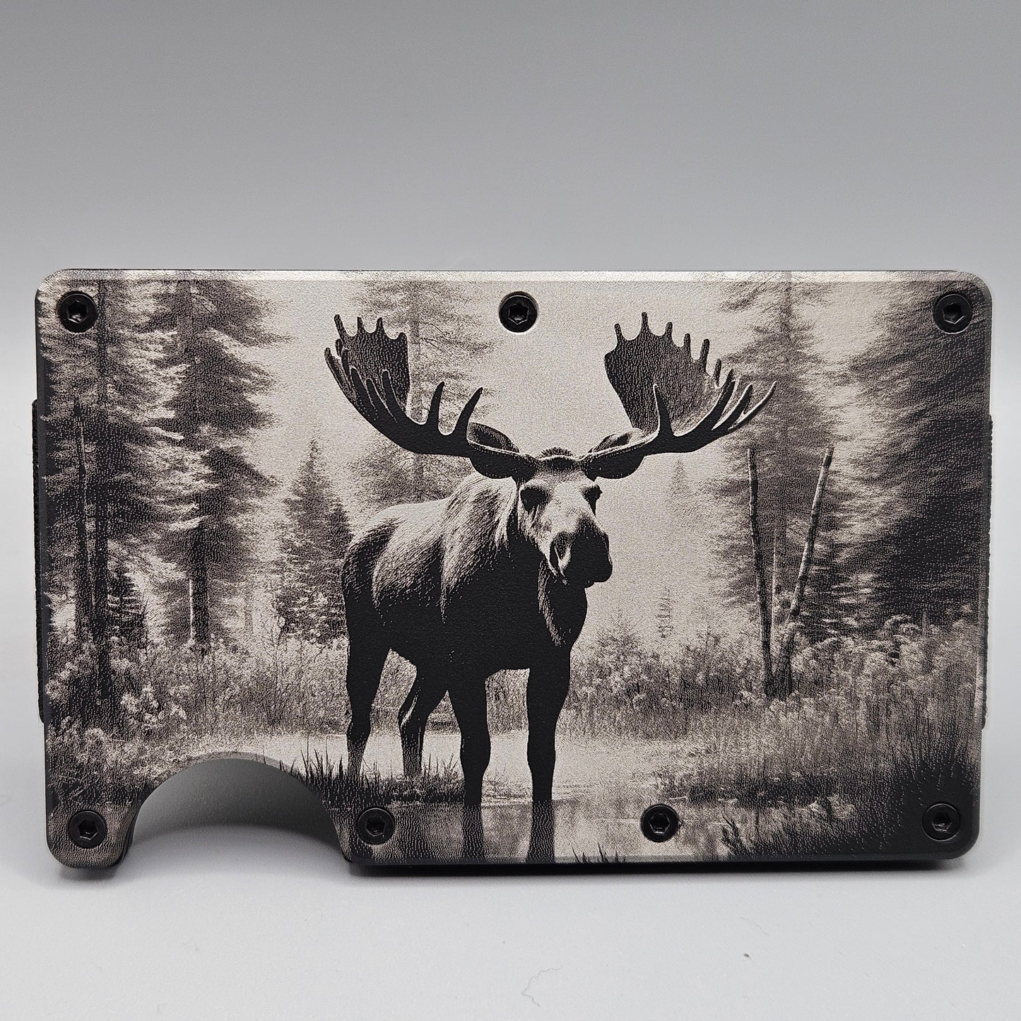 CUSTOM CERAKOTE AND LASER ETCHED SLIM WALLET MOOSE BACKGROUND DESIGN
