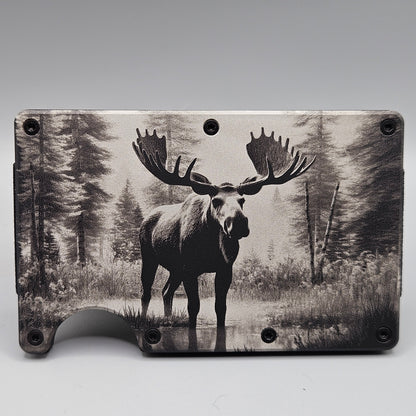 CUSTOM CERAKOTE AND LASER ETCHED SLIM WALLET MOOSE BACKGROUND DESIGN
