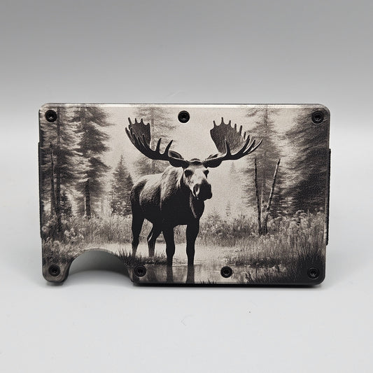 CUSTOM CERAKOTE AND LASER ETCHED SLIM WALLET MOOSE BACKGROUND DESIGN