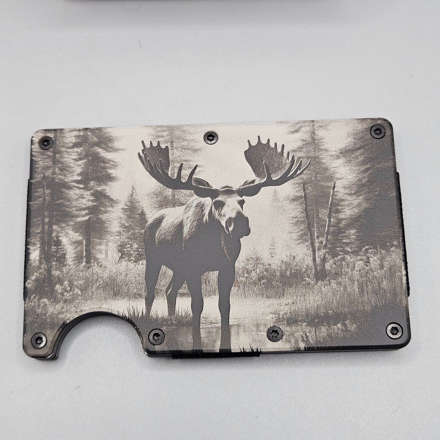 CUSTOM CERAKOTE AND LASER ETCHED SLIM WALLET MOOSE BACKGROUND DESIGN