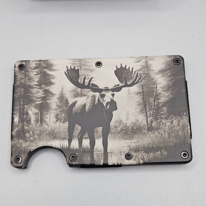 CUSTOM CERAKOTE AND LASER ETCHED SLIM WALLET MOOSE BACKGROUND DESIGN
